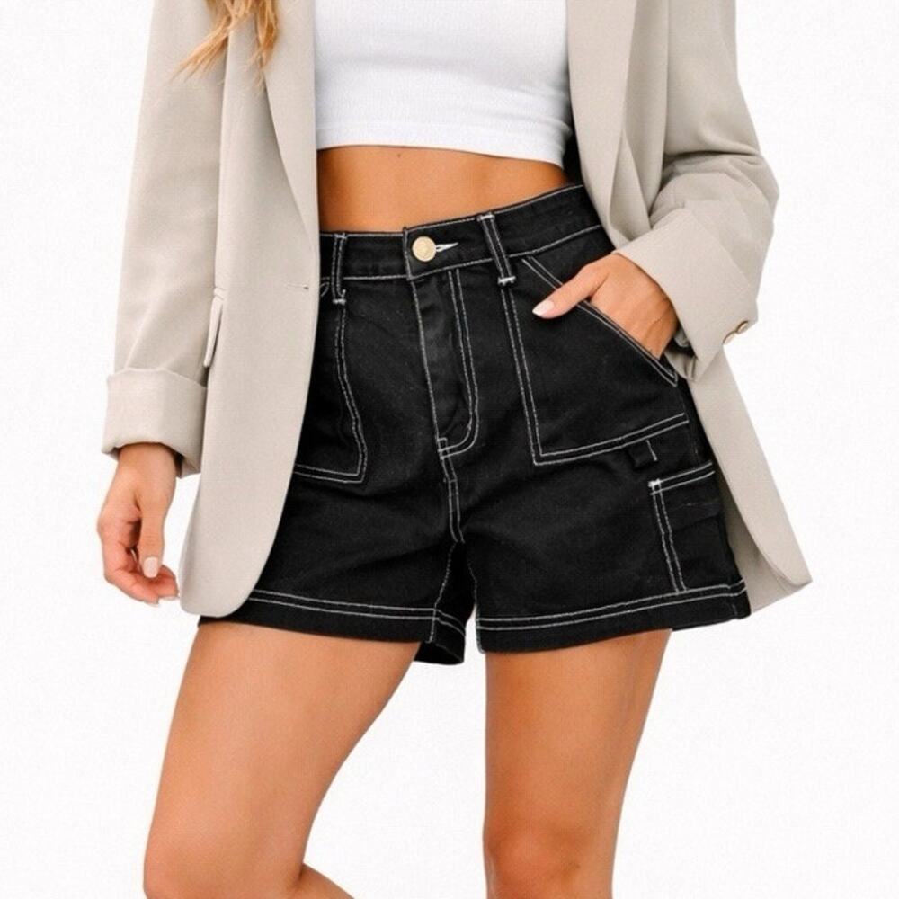 Black Contrast Stitch Cargo Women’s Shorts Size 12 High Rise Utility Y2K Grunge
